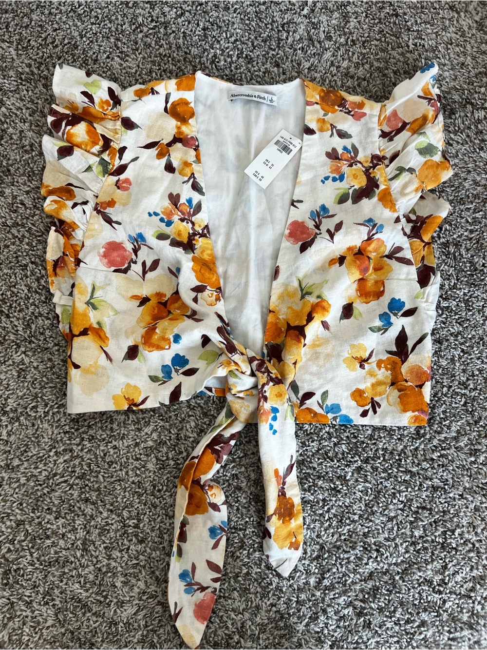 Abercrombie & Fitch NWT Cropped Linen-Blend Flutter Sleeve Tie-Front Top Sz L